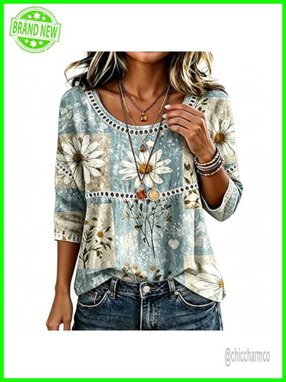 Cotton Boho Blouse Floral Lace Trim Hollow Half Sleeve